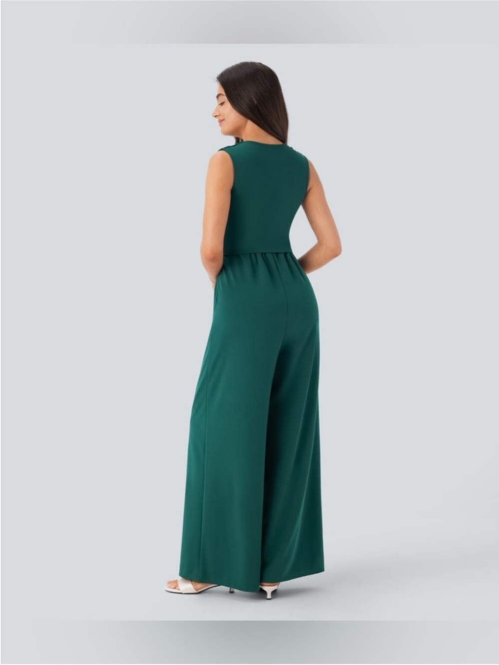 NWT HALARA Sleeveless Wide-Leg V-Neck Jumpsuit in Teal Green - Picture 2 of 8